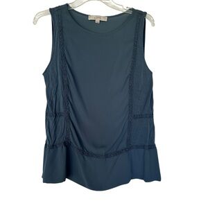 Ann Taylor LOFT Teal Sleeveless Blouse Medium Lace Trim Peplum Hem Flowy Top M